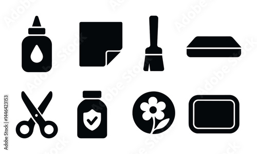 Crafting & diy tools solid icon set - filled style for hobby projects, handmade crafts, and creative design: glue, paper, brush, eraser, scissors, paint, flower, tray.
