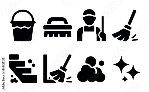 Cleaning services solid icon set – flat style sparkle, sanitation, and housekeeping symbols: mop, broom, bucket, cleaner, soap, scrubbing brush, disinfectant.