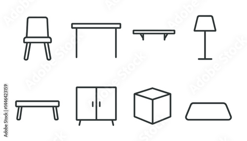 Home furniture outline icon set – linear style interior design, home decor, and furniture essentials: chair, table, shelf, lamp, bench, cabinet, box, rug.