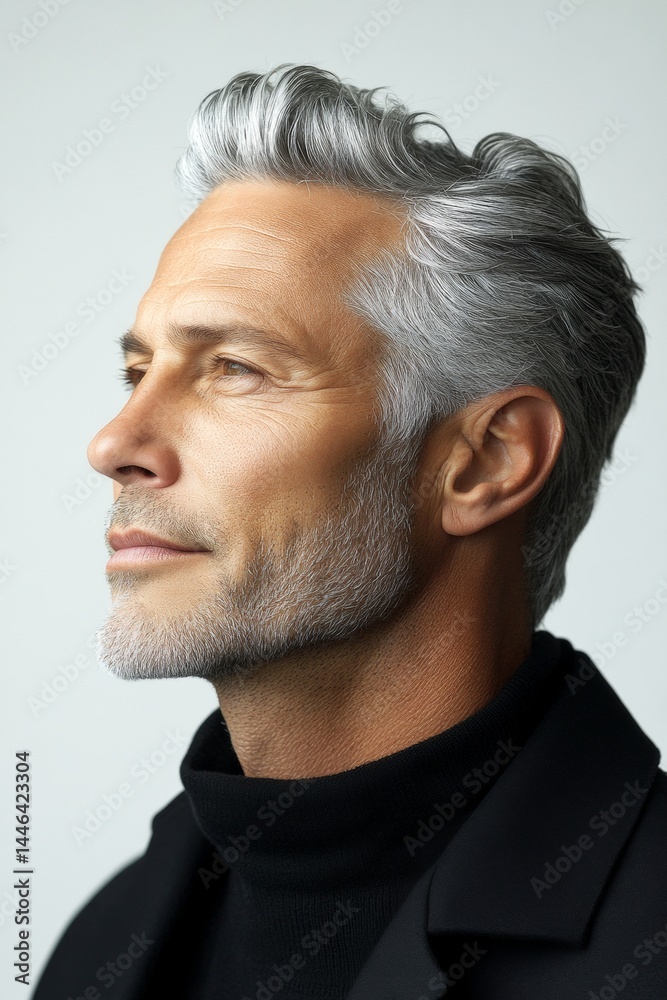 Obraz premium Pure white solid background. Chic men's crew cut haircut - midlife white man with grey hair. A relaxed and charming gentleman with a bright smile. Conceptual art of style for aging men.