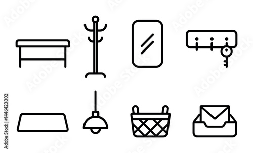 Home and office furnishing icons – outline style essentials for interior design, decoration, and organization: table, coat rack, mirror, key holder, mat, pendant light, basket, letter tray.