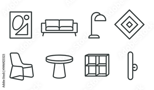 Modern home decor icon set – outline style furniture, interior design, and living space symbols: couch, floor lamp, wall art, accent chair, coffee table, bookshelf.