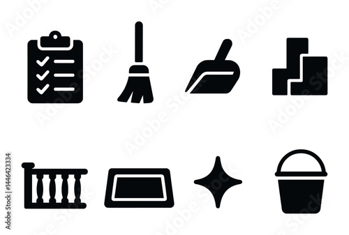 Home cleaning outline icons set – solid style for housekeeping, sanitation, and maintenance: checklist, broom, dustpan, sponge, mop, shining star, bucket, railing.