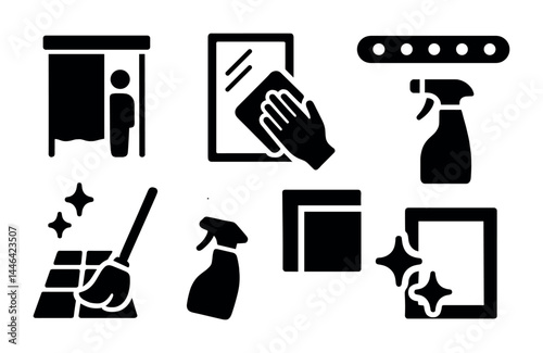 Home cleaning icon set – solid style housekeeping, sanitation, and maintenance symbols for housekeeping essentials: spray bottle, mop, vacuum, window cleaner, broom, cloth.