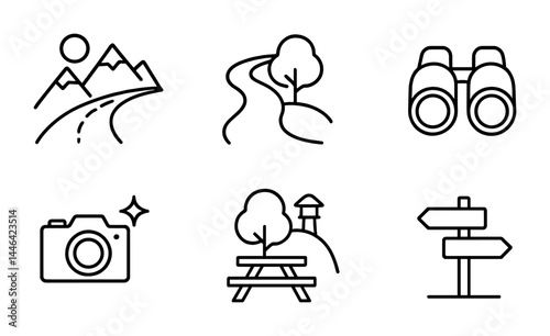 Outdoor adventure line icons set – outline style nature, exploration, and camping symbols for enthusiasts: mountains, trail, binoculars, camera, picnic, signpost.
