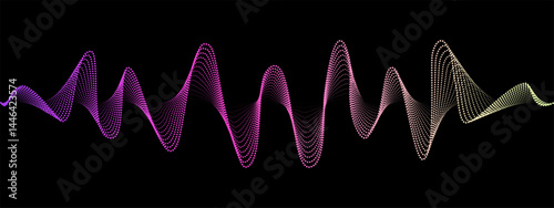 Abstract neon wavy dotted lines of the sound wave. Dynamic pulsating wave. Musical concept, symbols of the frequency of digital music. Vector illustration on a black background