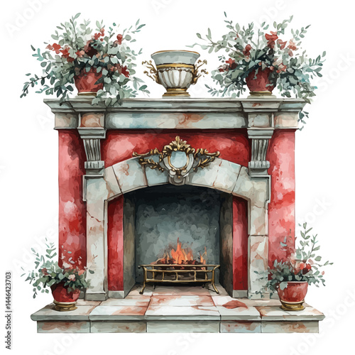illustration of Victorian-style Fireplace With Brass Ornaments, watercolor vector, isolated on a white background.