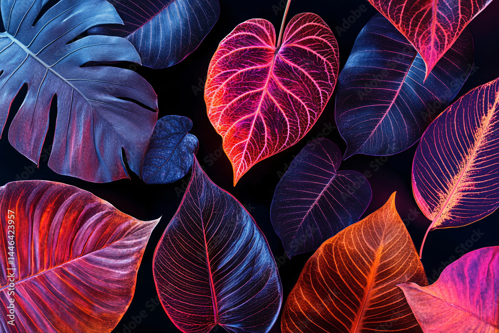 Background of many different tropical leaves in neon colors and lighting. dark background. funky banner. unusual colors. summer background. vegetation