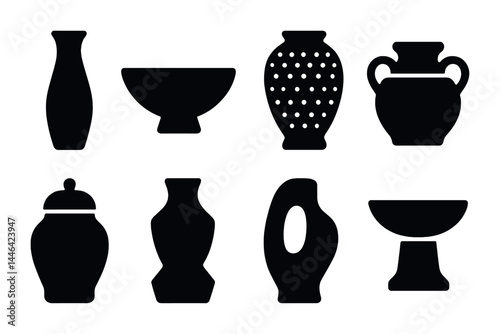 Ceramic pottery silhouette icons – flat style art, handcrafted, and decorative symbols for creative projects: vase, bowl, amphora, jug, urn, pitcher, decorative plate