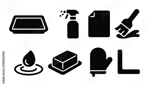 Cleaning essentials solid icons set – flat style home cleaning, sanitation, and maintenance symbols for organization: soap dish, spray bottle, mop, paint brush, droplet, sponge, oven mitt, corner