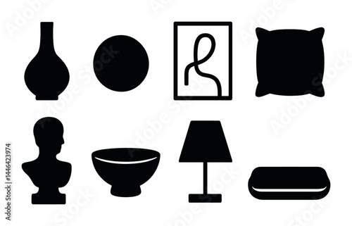 Home decor solid icon set – silhouette interior design and decoration symbols for stylish spaces: vase, mirror, wall art, pillow, sculpture, bowl, lamp, cushion.
