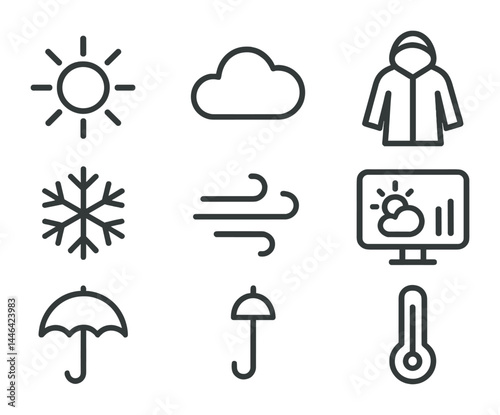 Weather forecast icons set – outline style for meteorology, climate analysis, and seasonal changes: sun, cloud, snowflake, wind, raincoat, umbrella, thermometer, weather monitor