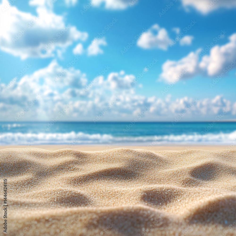 Background with sand in the foreground and sky in the background. summer beach nature with rays of sunlight. golden sand beach. sea water against blue sky with clouds
