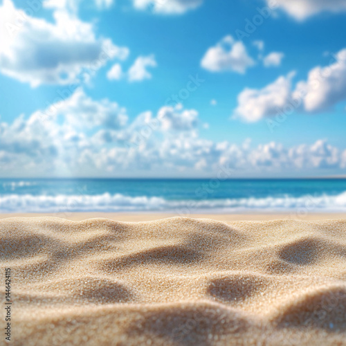 Obraz na płótnie Background with sand in the foreground and sky in the background. summer beach nature with rays of sunlight. golden sand beach. sea water against blue sky with clouds w salonie