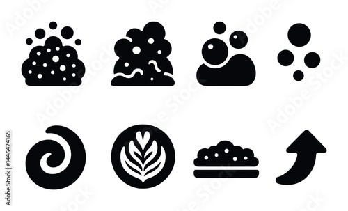 Coffee brewing solid icons set – filled style cafe essentials and barista tools: coffee beans, latte art, espresso shot, foam swirl, aroma steam, coffee grounds, up arrow