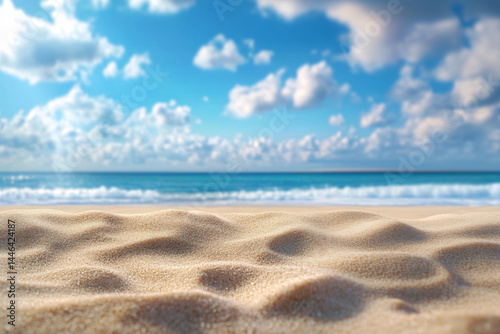 Obraz na płótnie Background with sand in the foreground and sky in the background. summer beach nature with rays of sunlight. golden sand beach. sea water against blue sky with clouds w salonie