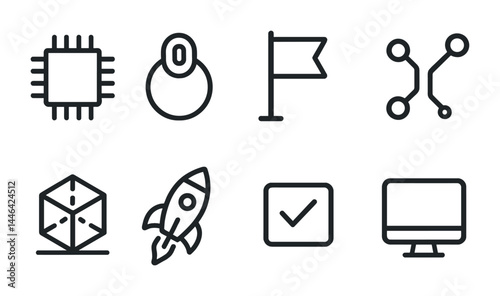 Technology and innovation icons set – outline style digital, computing, and futuristic symbols for tech design: microchip, mouse, flag, circuit, 3d, rocket, checkmark, monitor.