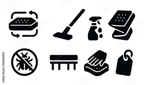 Home cleaning solid icons set – flat style cleaning, hygiene, and maintenance symbols for home care: sponge, vacuum, spray bottle, anti-bug, mop, scrubbing, label.