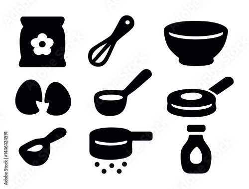 Kitchen tools solid icons set – filled style cooking utensils and baking supplies for culinary projects: flour sack, whisk, bowl, eggs, saucepan, frying pan, measuring scoop, condiment bottle.
