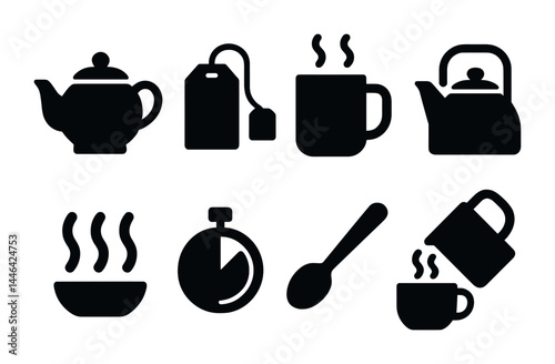 Tea and coffee silhouette icons set – solid style for beverage and kitchen themes: teapot, teabags, coffee mugs, kettle, steaming cup, spoon, timer, drink preparation