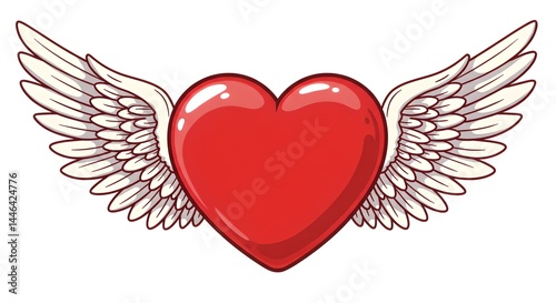 Romantic red heart with angel wings, glossy, whimsical vector style.
