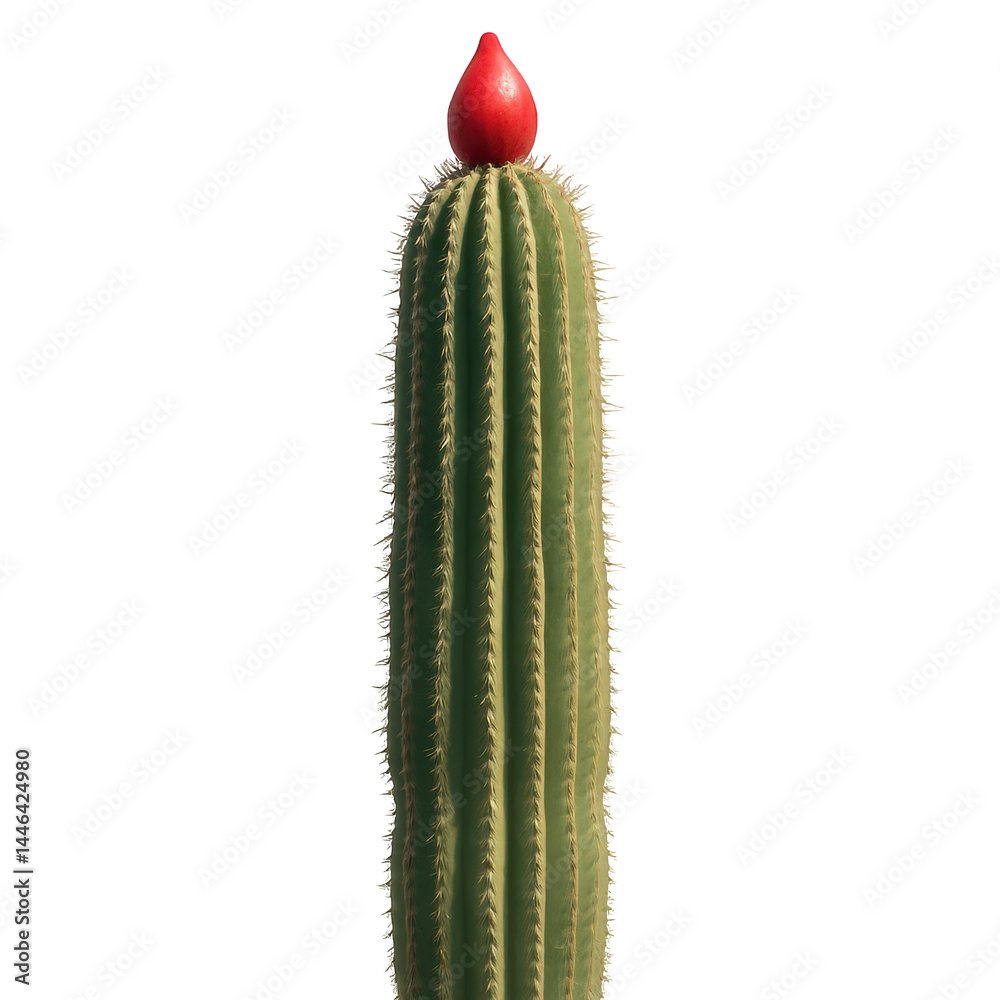 Naklejka premium Apex of a tall green cactus adorned with a brilliant red fruit, a striking natural contrast.