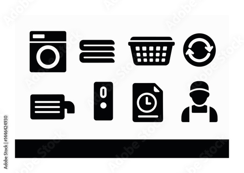 Laundry solid icons set – flat style symbols for cleaning, washing, and garment care: washer, laundry basket, drying, detergent, timer, ironing board, worker.