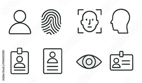 Identity verification icons set - linear style for security, authentication, and personal identification: user profile, fingerprint, face recognition, id card, eye scan