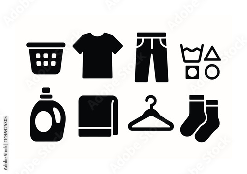 Laundry and clothing care solid icons set - silhouette style washing, cleaning, and organizing symbols for household management: shirt, jeans, detergent, towel, hanger, laundry basket, socks, care