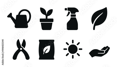 Gardening and nature solid icons set – flat style eco-friendly, plant care, and green living symbols: watering can, potted plant, spray bottle, leaf, pruning shears