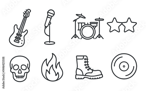 Rock music icon set – outline style band, instruments, and concert symbols for music enthusiasts: guitar, microphone, drums, stars, skull, flame, boots, vinyl.