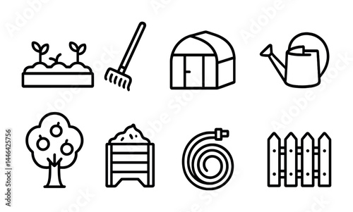 Gardening essentials outline icon set – linear style tools, planting, and outdoor symbols for horticulture: seedling, rake, greenhouse, watering can, apple tree, compost bin, hose, fence.