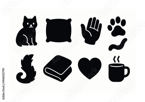Pet care silhouette icon set – filled style animal companions and accessories: cat, pillow, hand, paw print, worm, tail, blanket, heart, mug