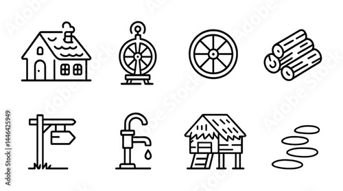 Rustic village outline icons – linear rural living, countryside, and heritage symbols: house, spinning wheel, wooden cartwheel, logs, signpost, water pump, hut, stepping stones.