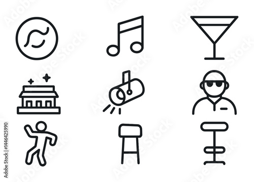 Nightlife and music outline icons set – linear style party, entertainment, and bar symbols for event planning: dj, cocktail, music note, dance floor, spotlight, chair