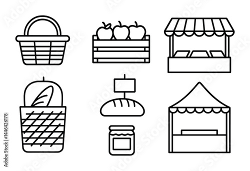 Farmers market line icons set – outline style for organic produce, local food, and eco-friendly shopping: basket, apples, stall, bread, tent, jam.