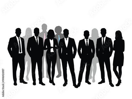 vector silhouette of group of business people standing, a team of men and women in suits symbolizing teamwork
