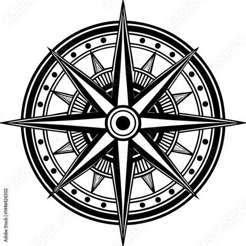A minimalist black and white compass rose symbol with cardinal directions (N, E, S, W) clearly marked. The compass design features sharp geometric lines and a central circle, representing navigation, 