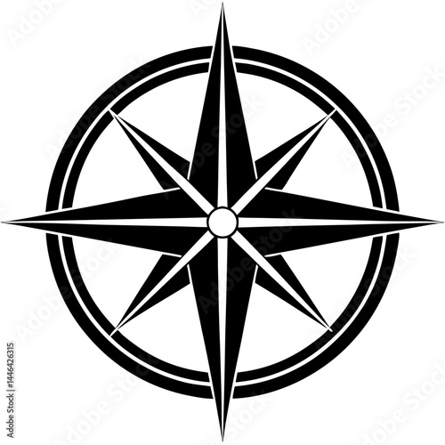 A minimalist black and white compass rose symbol with cardinal directions (N, E, S, W) clearly marked. The compass design features sharp geometric lines and a central circle, representing navigation, 