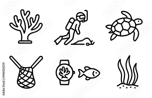Marine life icon set - outline style ocean, aquatic, and underwater symbols for nature exploration: coral, diver, turtle, net, watch, fish, seaweed