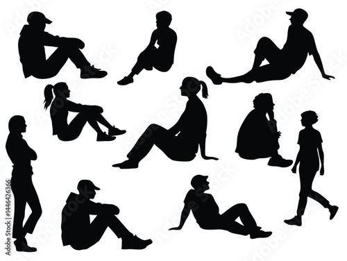 people sitting in different positions, silhouettes vector
