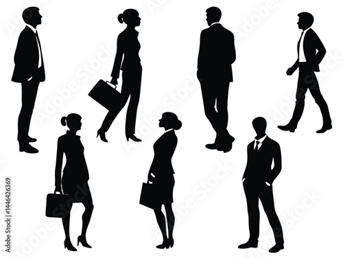 Black vector silhouettes illustrate a business team and a standing crowd of men, women