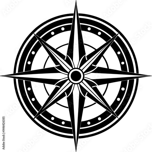 A minimalist black and white compass rose symbol with cardinal directions (N, E, S, W) clearly marked. The compass design features sharp geometric lines and a central circle, representing navigation, 