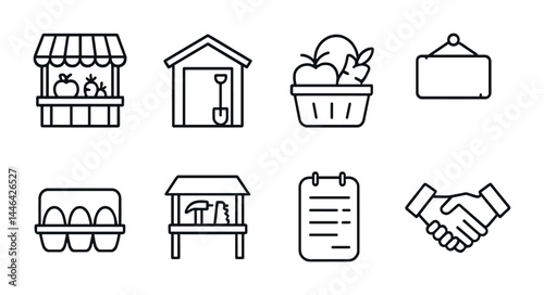 Farmers market line icons set – outline style for sustainable agriculture, organic produce, and local farms: market stall, barn, fruit basket, signboard, egg carton, farm stand, grocery list,