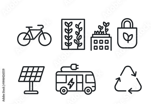 Eco-friendly transportation and sustainability icons – outline style for environmental and green living projects: bicycle, rooftop garden, solar panel, electric bus, recycling