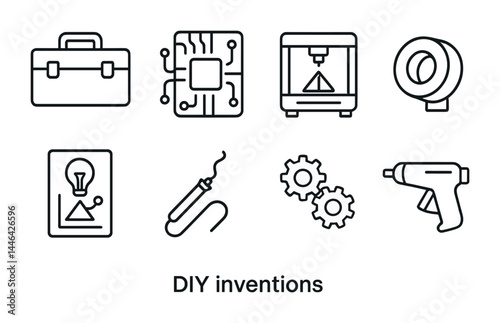 Diy inventions outline icon set – line style innovation, creativity, and maker symbols for project development: toolbox, circuit, 3d printer, fan, blueprint, soldering iron, gears, drill.