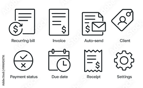 Finance and billing icons set – linear style accounting, invoicing, and payment symbols for business management: recurring bill, invoice, auto-send, client, receipt, settings.