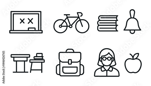 Education and learning outline icons set – linear style for school, study, and academic resources: blackboard, bicycle, books, school bell, desk, backpack, teacher, apple.