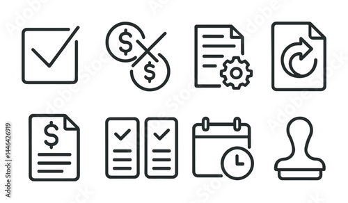 Business and finance outline icons set – linear style for financial management and accounting: checkmark, dollar sign, document, gear, refresh, invoice, calendar, stamp