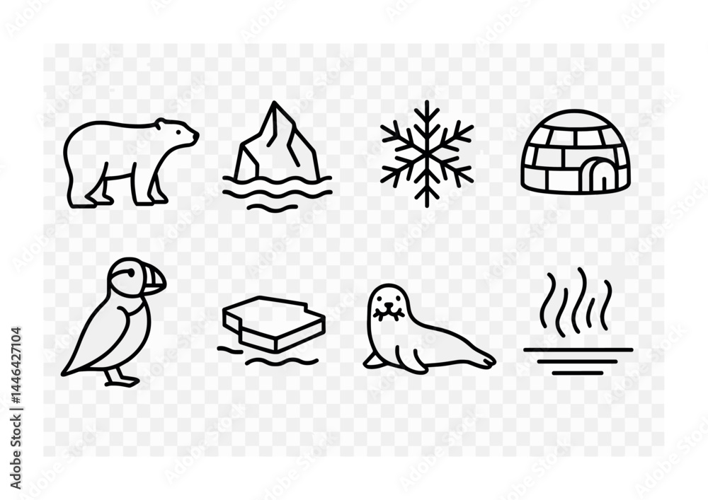 Naklejka premium Arctic wildlife outline icons set – linear style cold climates, polar habitats, and snow creatures for nature design: polar bear, iceberg, snowflake, igloo, puffin, ice floe, seal, steam.